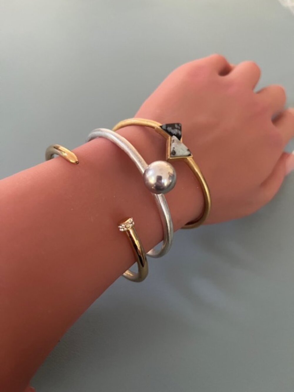 3 Pc Bracelet Lot: Silver Orb Hinged Bangle, Inlaid Stone & Gold Nail Cuff